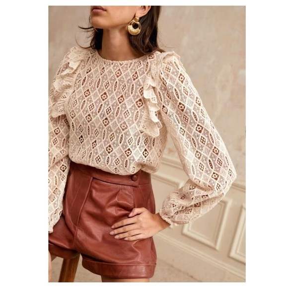 Sezane Tops - SEZANE Salina Blouse Irish Crochet Lace Cream Sz 36 US 4 Ruffle Trim Puff Sleeve
